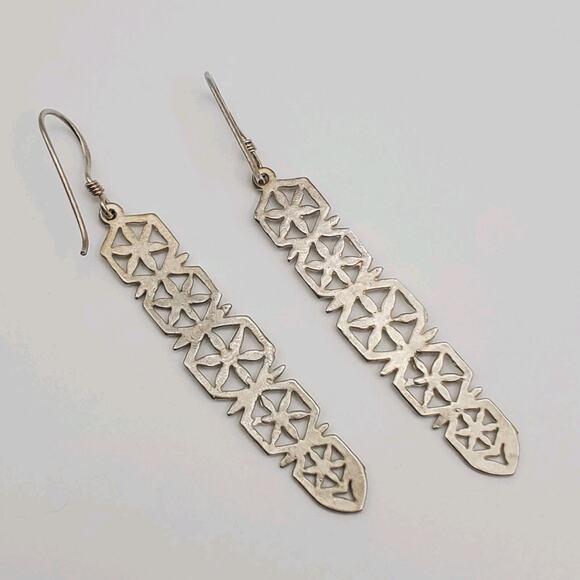 Sterling Silver Flower / Snowflake Diamond Cut Dangle Hook Earrings - Picture 4 of 6